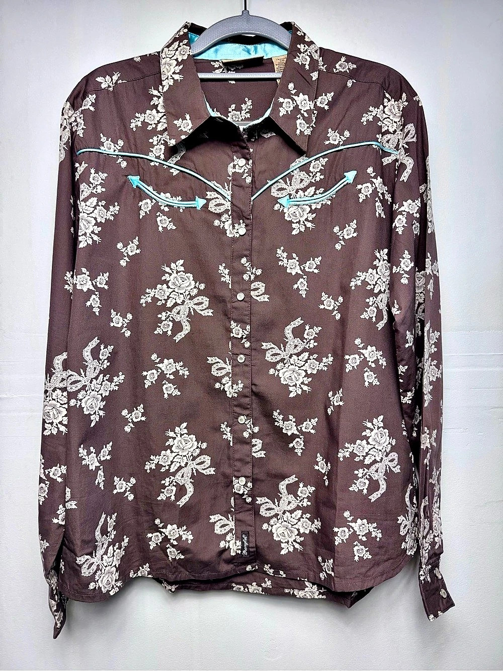 Wrangler Western Floral Pearl Snap Shirt Button Turquoise Blue Rodeo Y2K 2000s